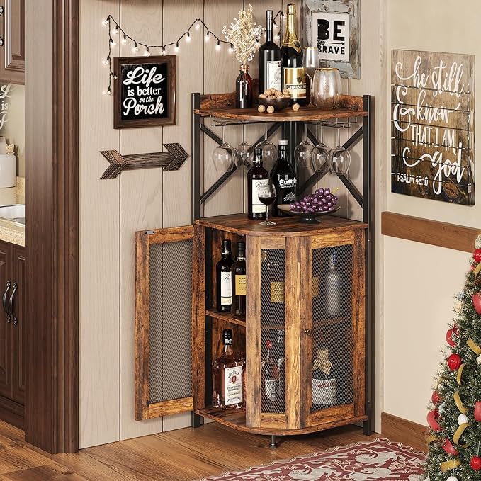 Home Bar And Cabinet - Corner Bar Cabinet with Glass Holder,