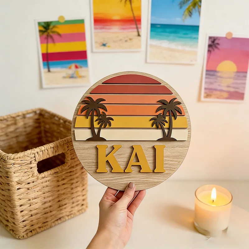 Home Bar Signs - Customizable Round Vintage Beach Sunset Palm